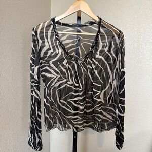 Tahari Zebra Print Blouse Sheer Long Sleeve Top 100%‎ Silk Size S